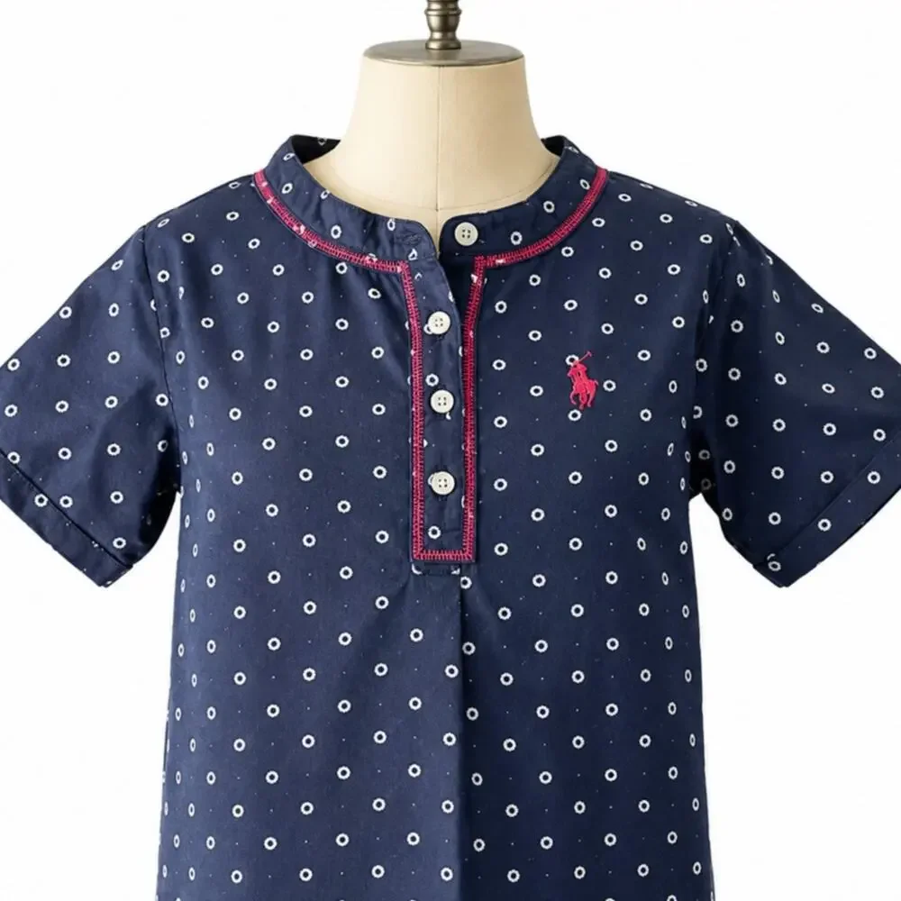 U.S. Polo Assn. Girls Navy Polka Dot Short Sleeve Henley Shirt Size 6X EUC